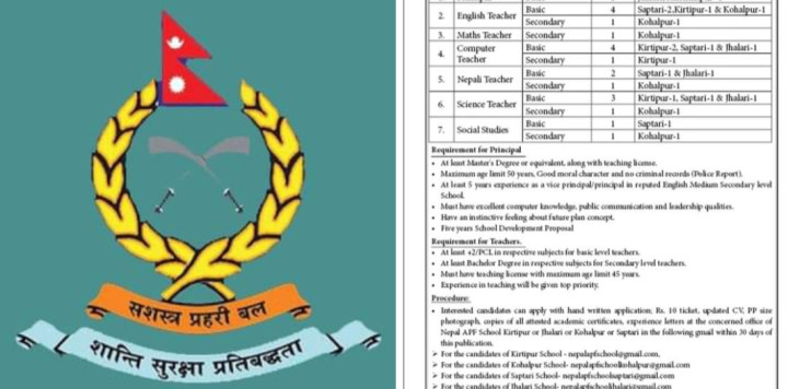 नेपाल एपीएफ विद्यालयमा २१ जना शिक्षक माग